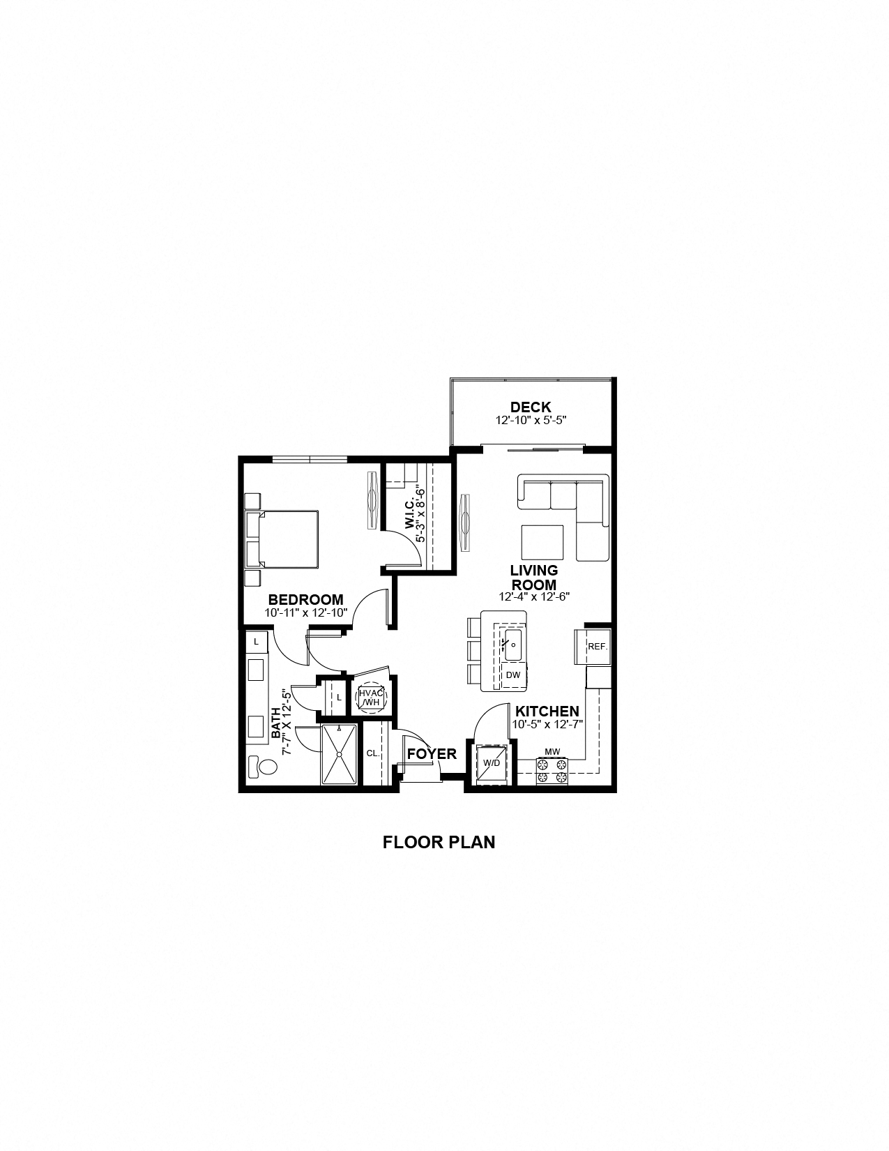 Floor plan for 1 bed, 1 bath, 762 sqft